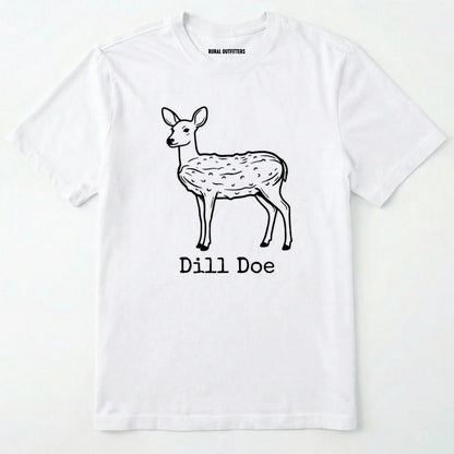 White t-shirt with a black deer illustration and 'dill doe' text on a white background