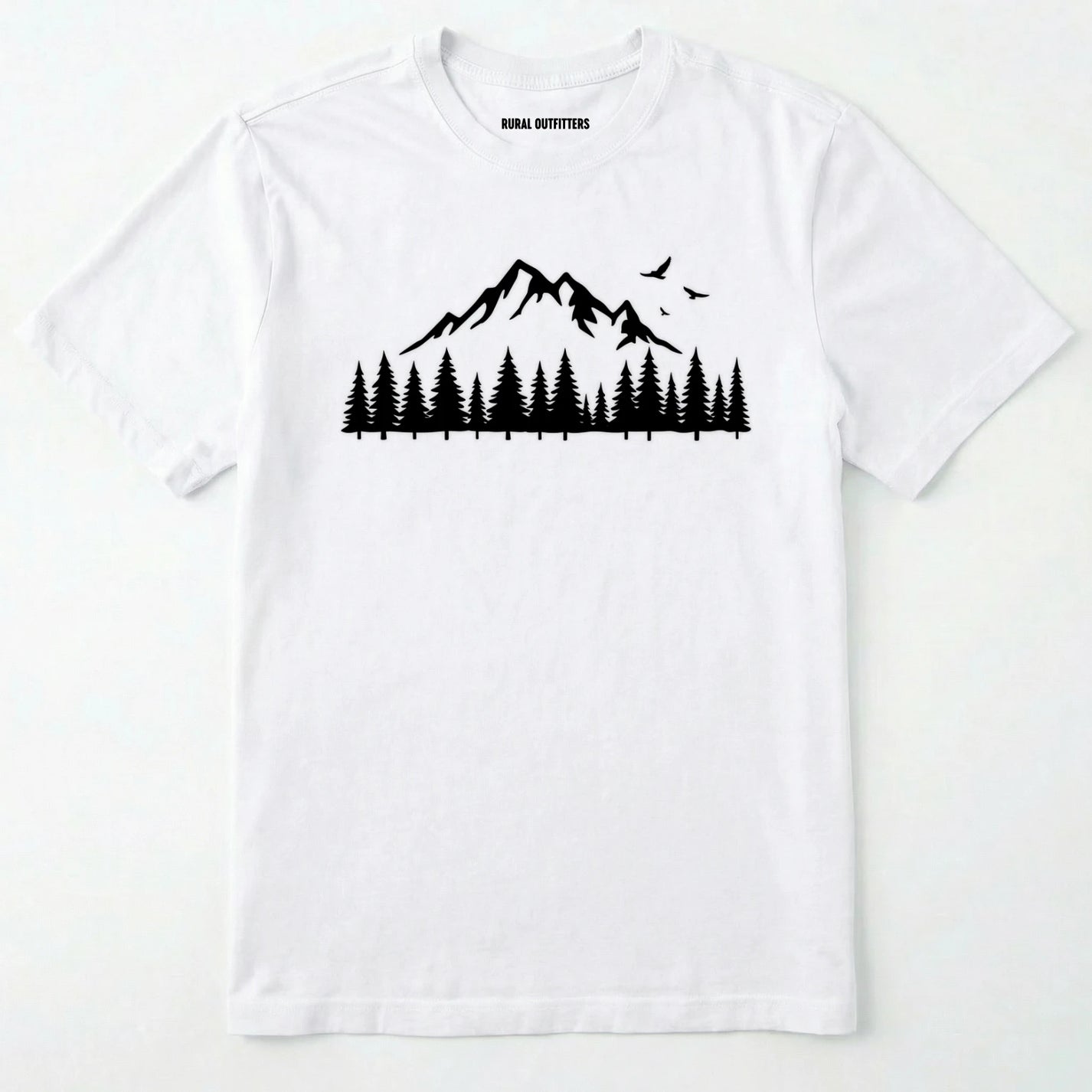 White wild t-shirt with a minimalist mountain and pine tree graphic on a white background.