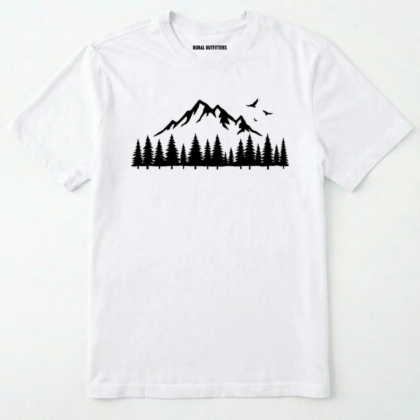 White wild t-shirt with a minimalist mountain and pine tree graphic on a white background.