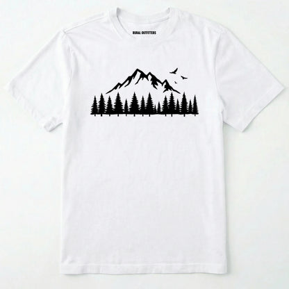 White wild t-shirt with a minimalist mountain and pine tree graphic on a white background.