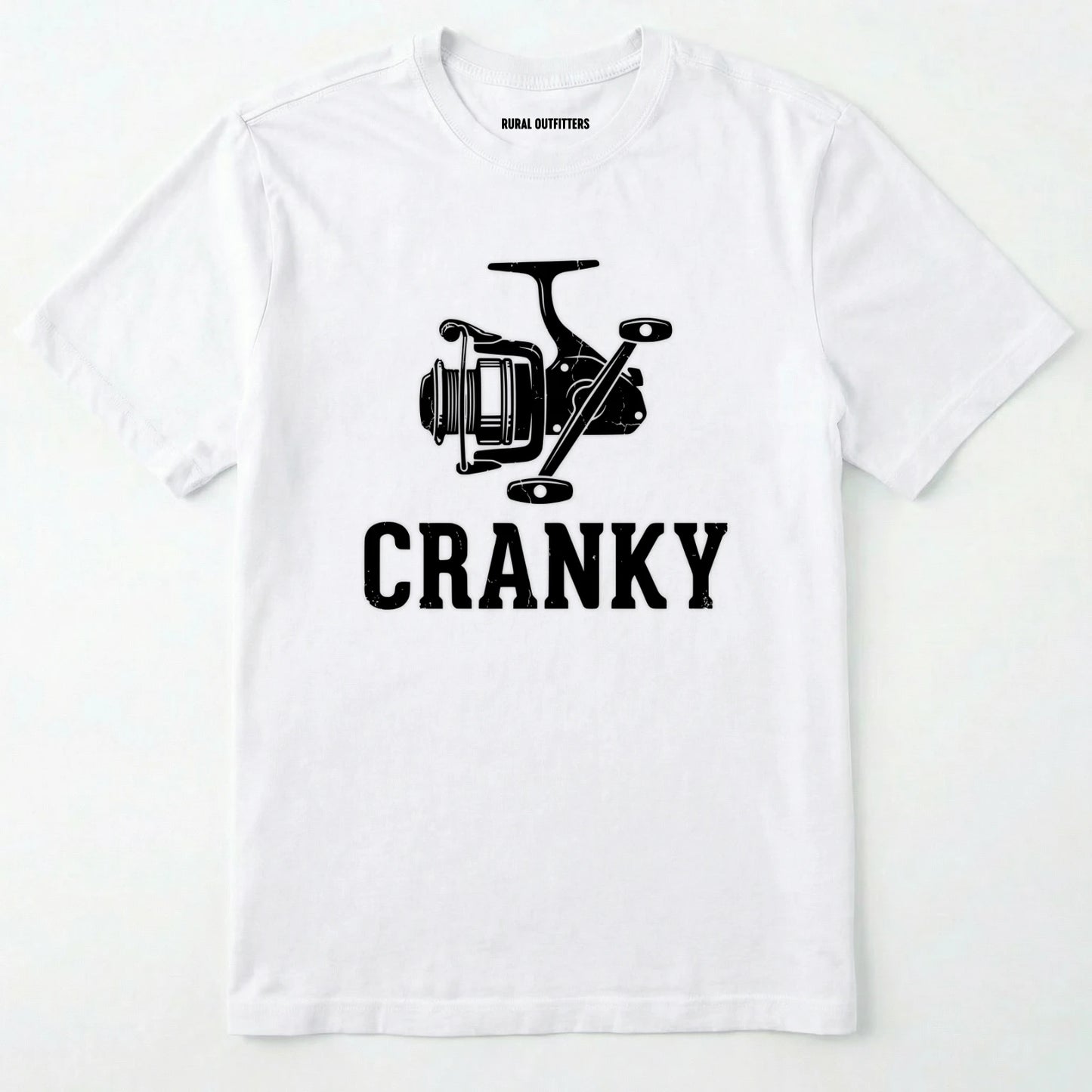 White t-shirt with black fishing reel graphic and 'cranky' text on a white background
