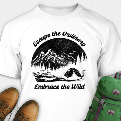 White escape the ordinary t-shirt with mountain and tent graphic