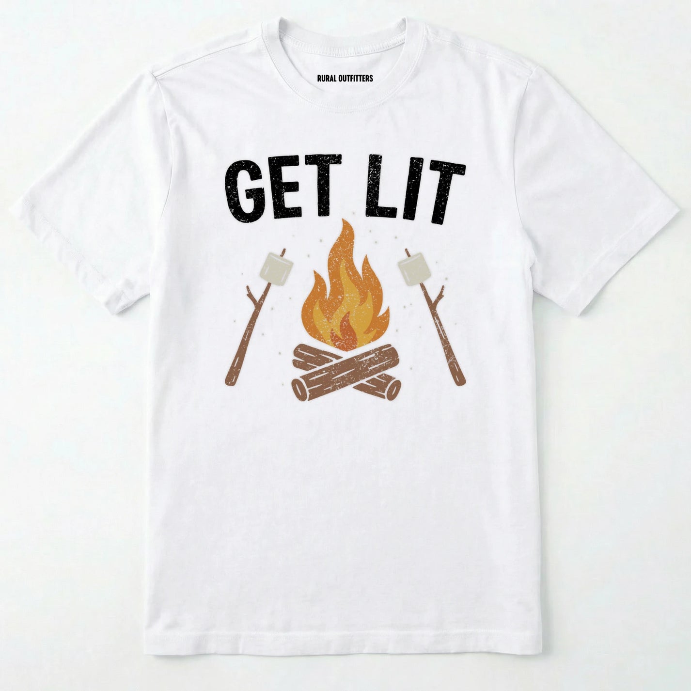 White let⊙s get lit shirt with campfire and marshmallows graphic on a white background.