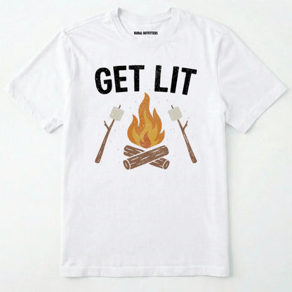 White let⊙s get lit shirt with campfire and marshmallows graphic on a white background.