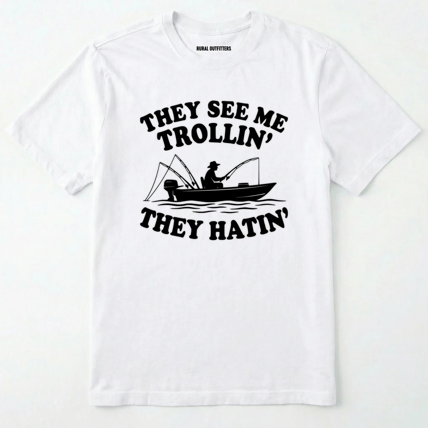 White t-shirt with black graphic and text on a white background