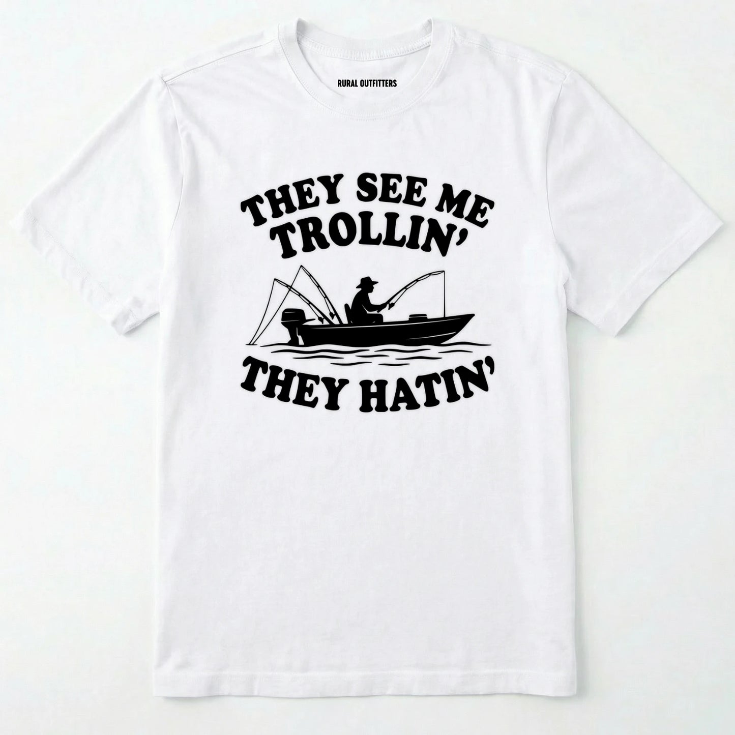White t-shirt with black graphic and text on a white background