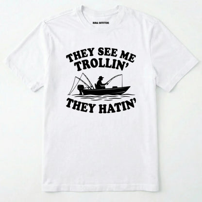 White t-shirt with black graphic and text on a white background