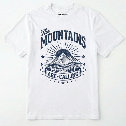 White t-shirt with 'the mountains are calling' graphic design on a white background