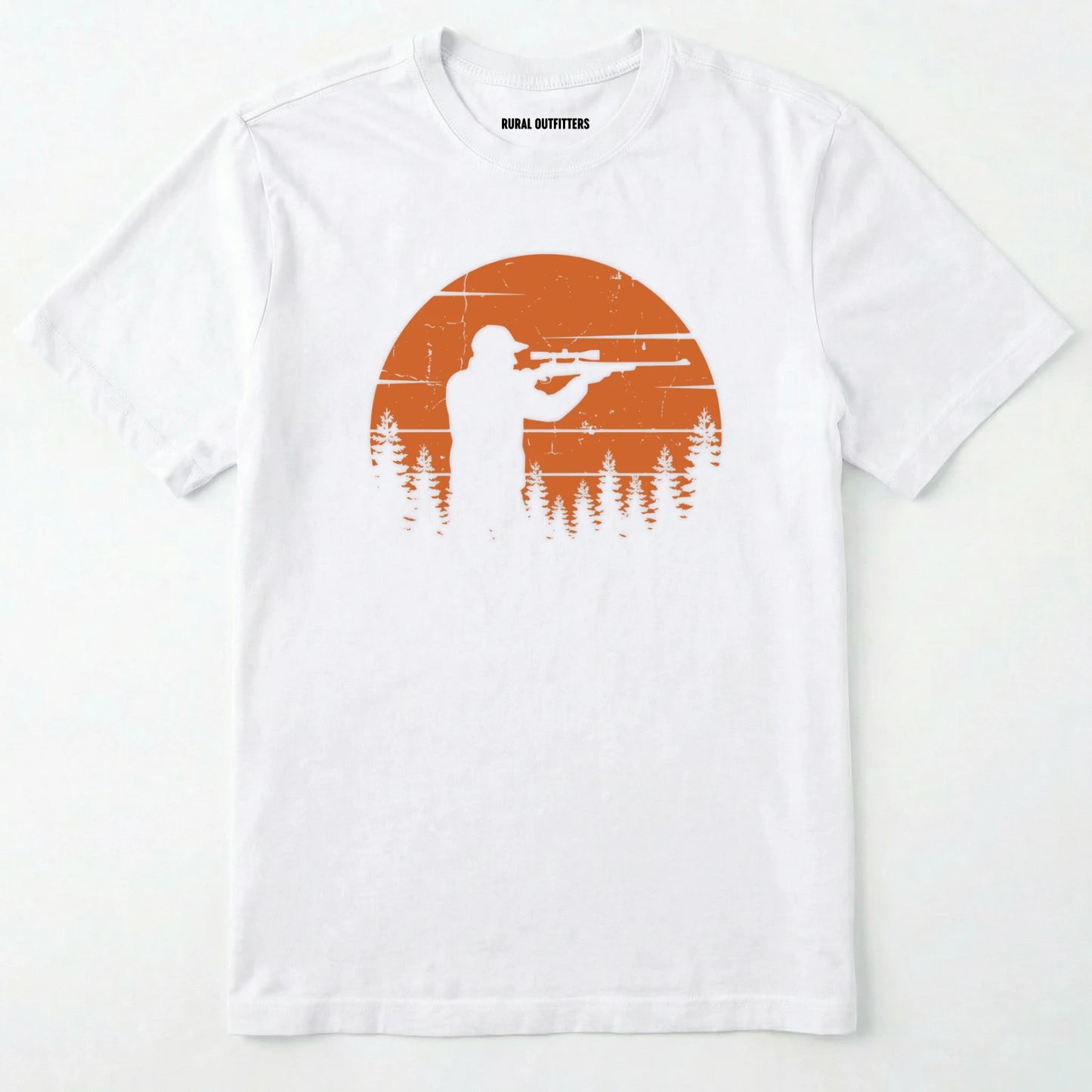 White t-shirt with a graphic of a person holding a rifle and trees, on an orange background, on a white background.