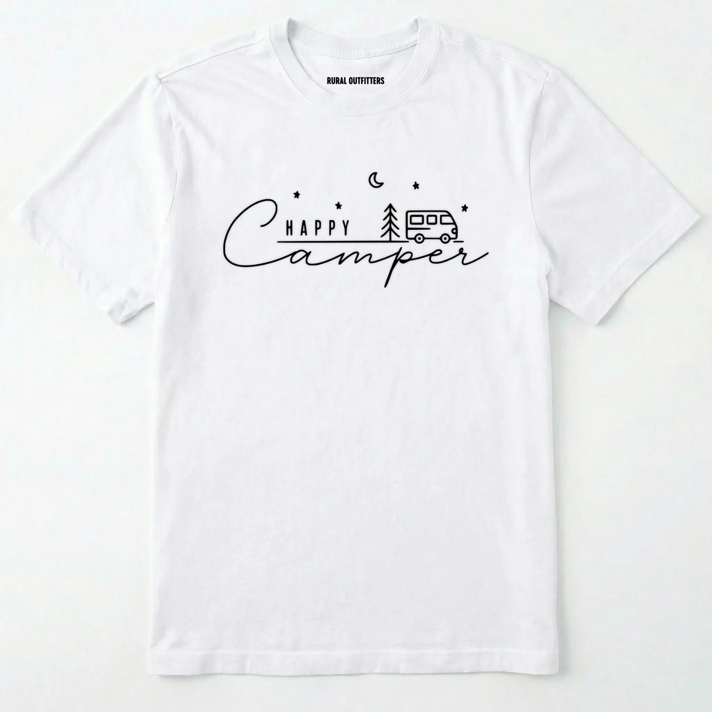 White happy camper tee with minimalist camper and night sky design on a white background