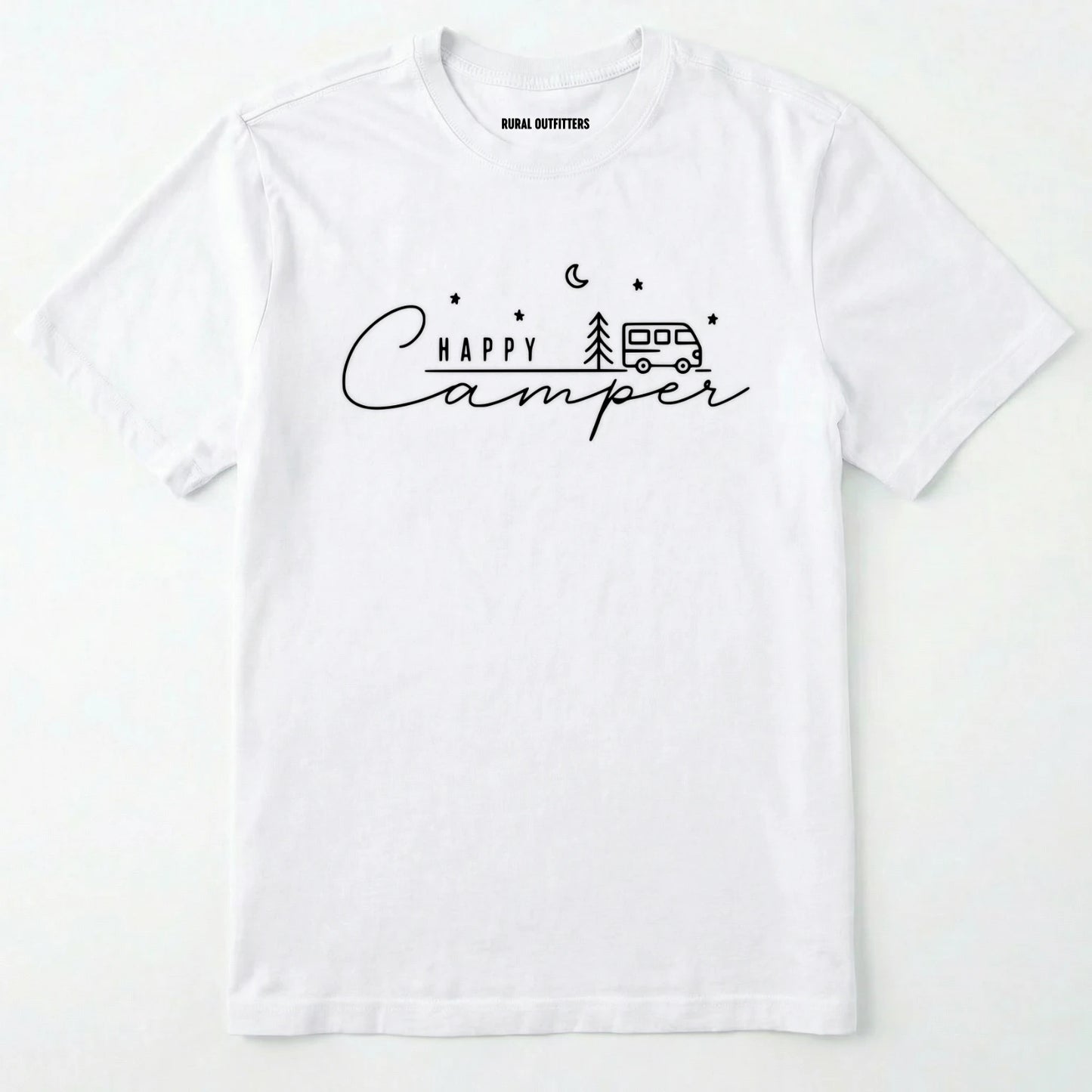 White happy camper tee with minimalist camper and night sky design on a white background
