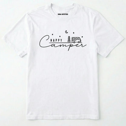 White happy camper tee with minimalist camper and night sky design on a white background