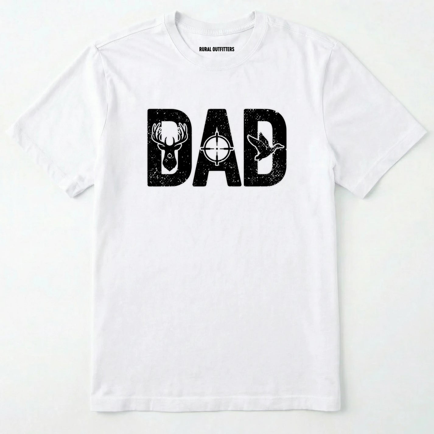 White t-shirt with 'dad' and hunting-themed design on a white background