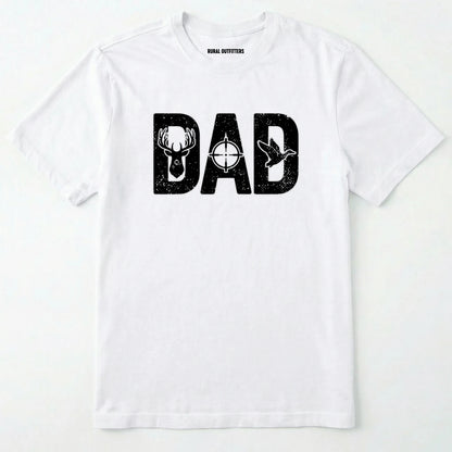 White t-shirt with 'dad' and hunting-themed design on a white background
