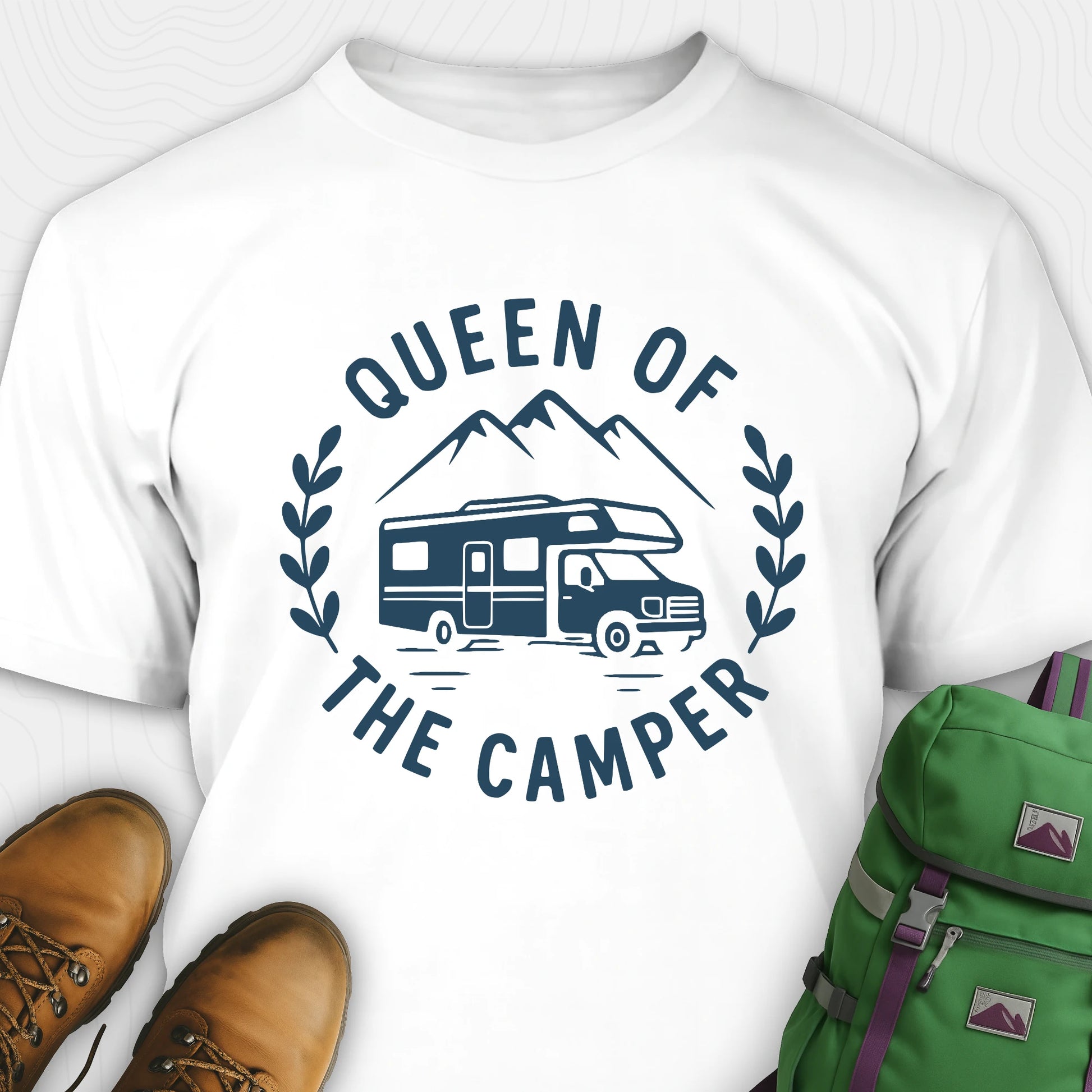 White queen of the camper shirt with rv graphic and mountain design