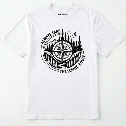 White always take the scenic route t-shirt with compass graphic and text on a white background.
