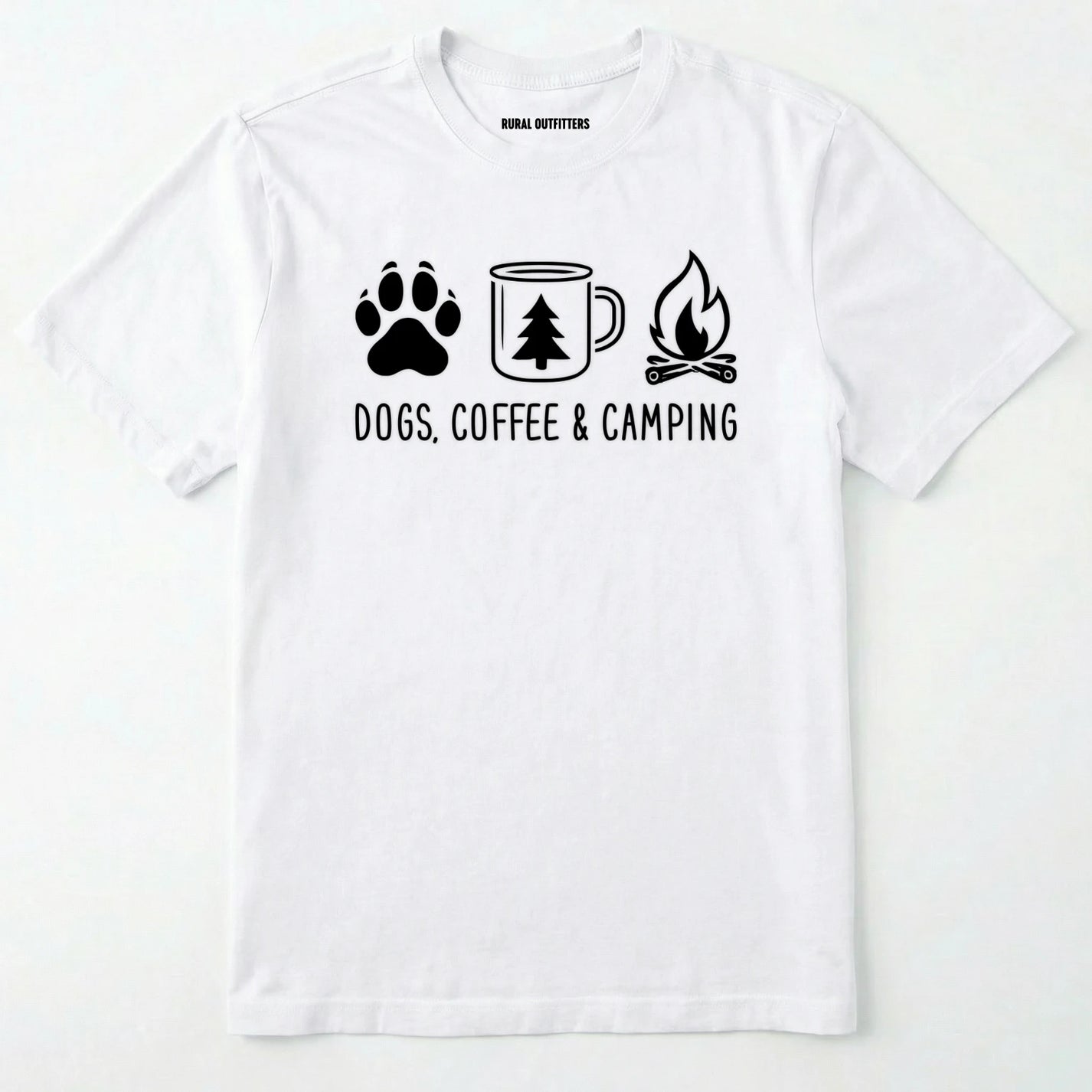 White camping dog shirt with paw print, coffee mug and campfire design on a white background.