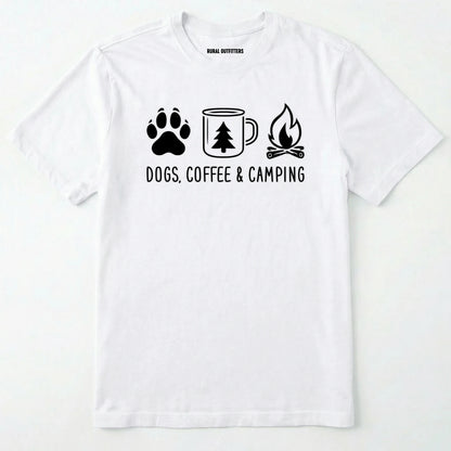 White camping dog shirt with paw print, coffee mug and campfire design on a white background.
