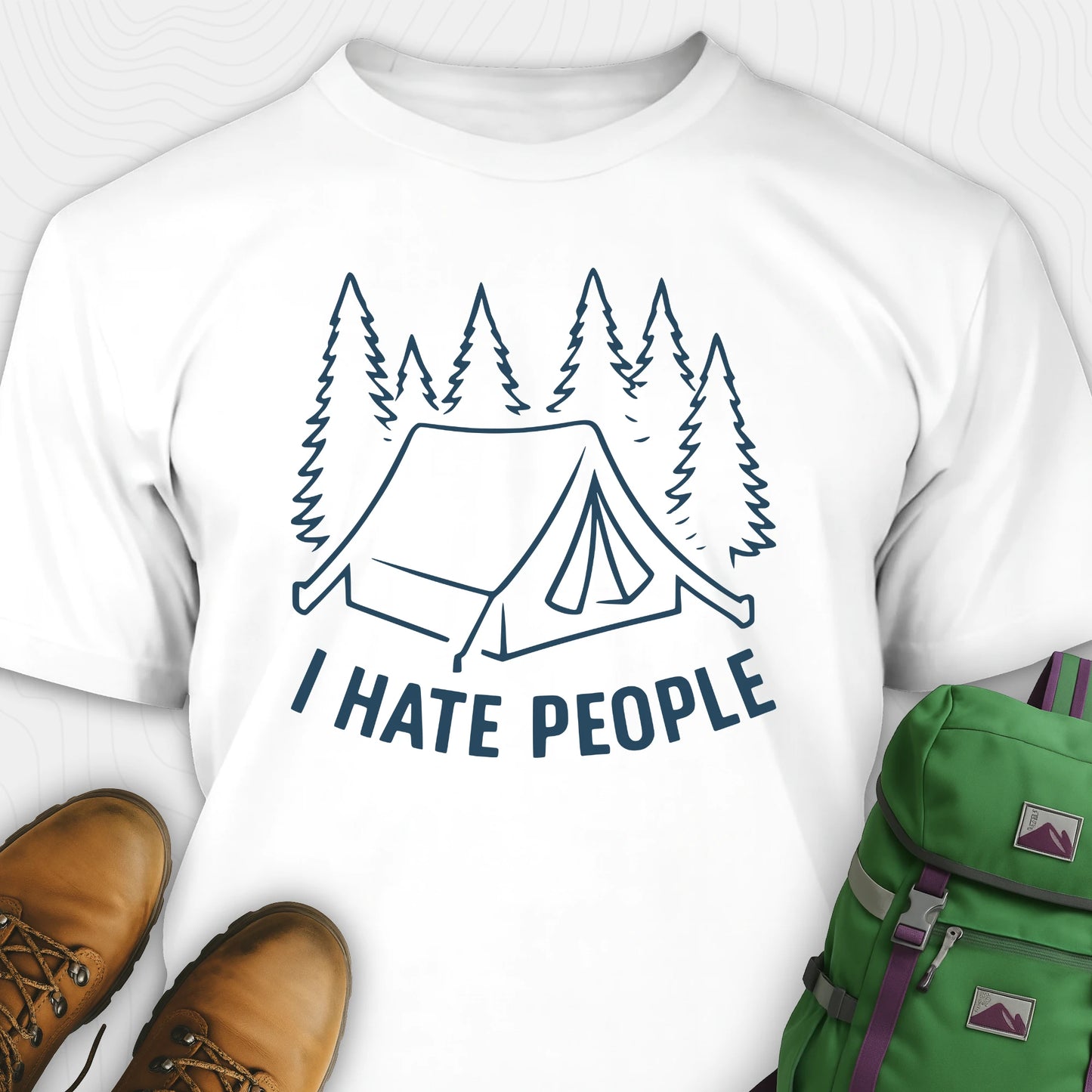 White I hate everybody t-shirt with tent and pine tree graphic