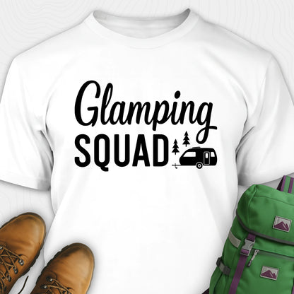 White glamper shirt with cute camper and trees design and "Glamping squad" text