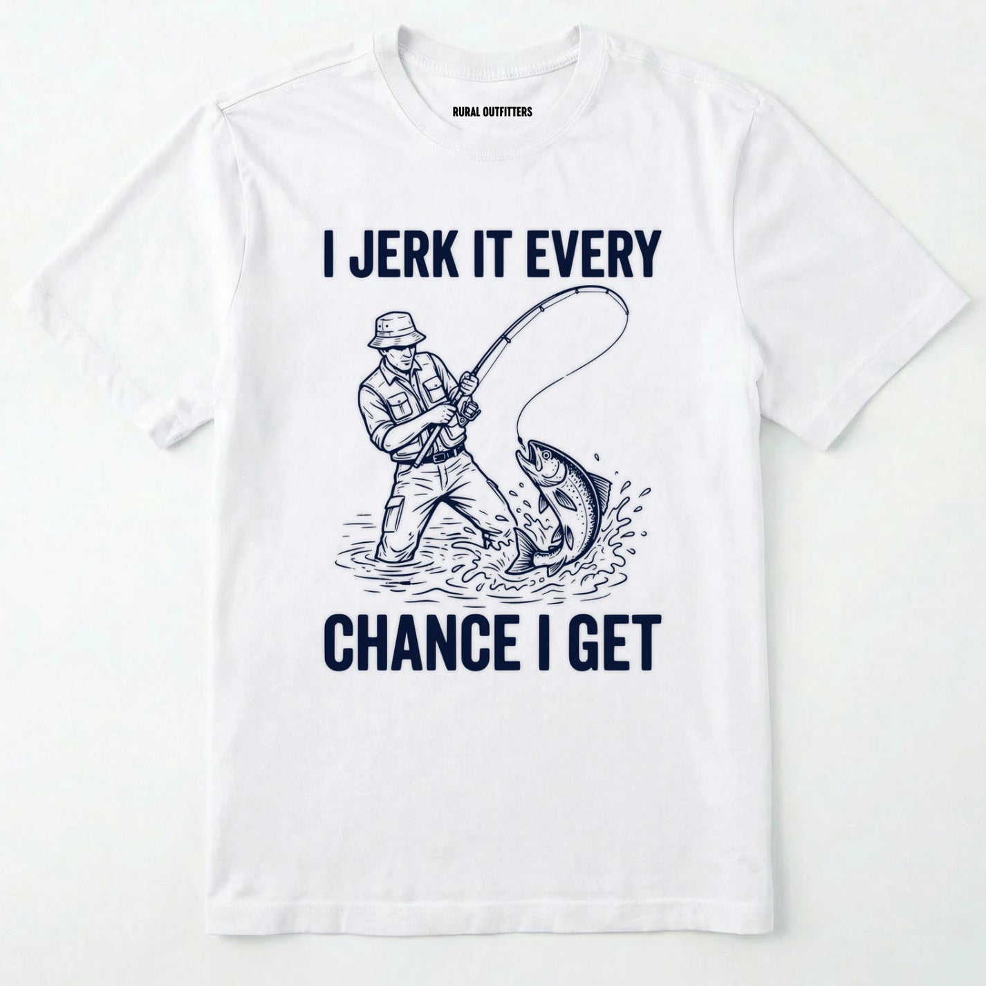 White t-shirt with a graphic of a fisherman and text on a white background