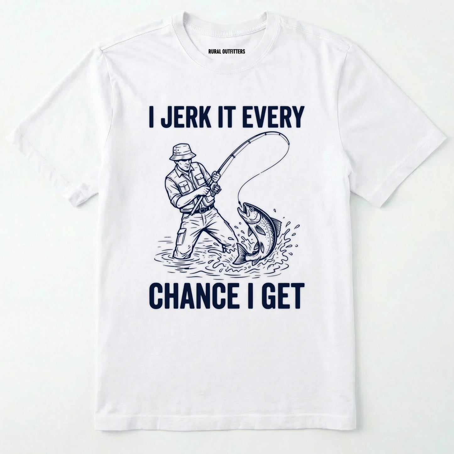 White t-shirt with a graphic of a fisherman and text on a white background