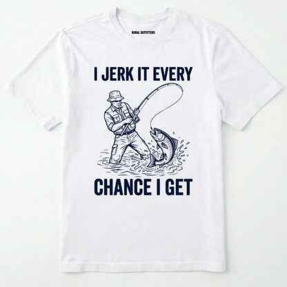 White t-shirt with a graphic of a fisherman and text on a white background