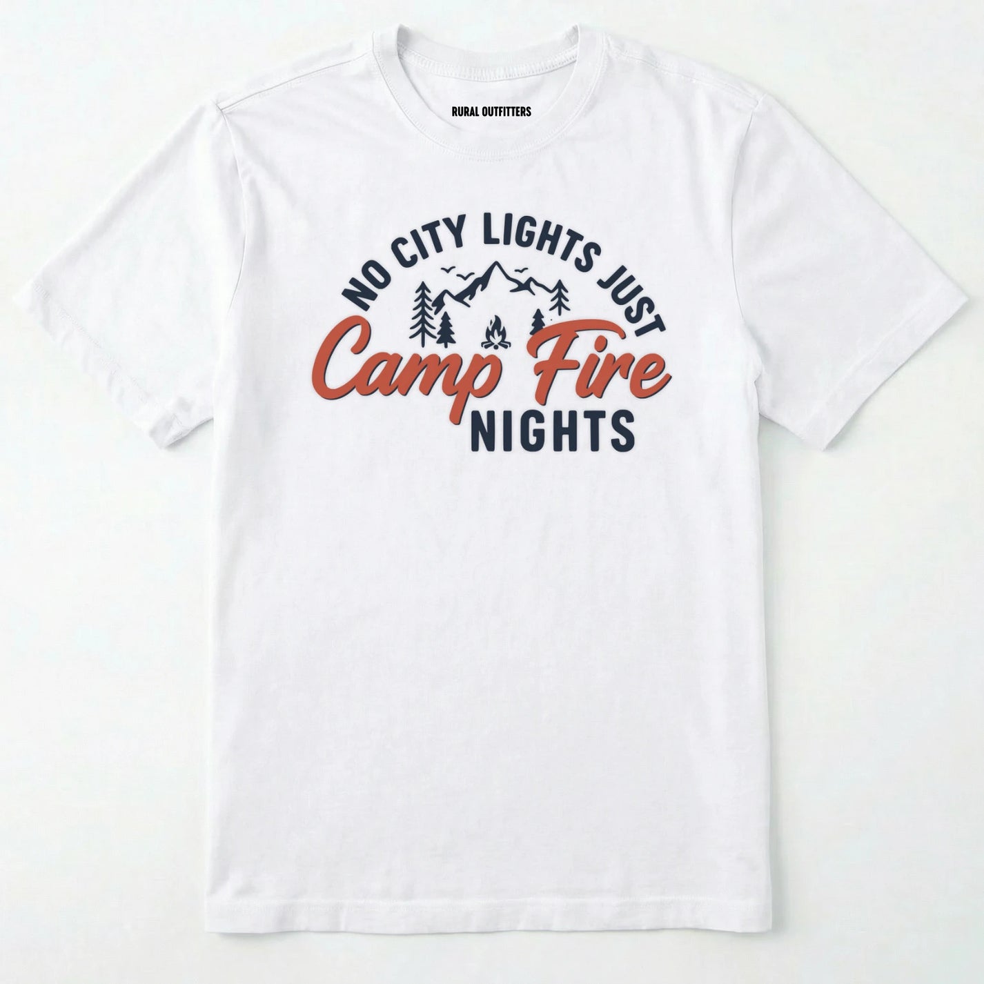 White campfire shirt with mountains and trees design and "no city lights just campfire nights" text on a white background.