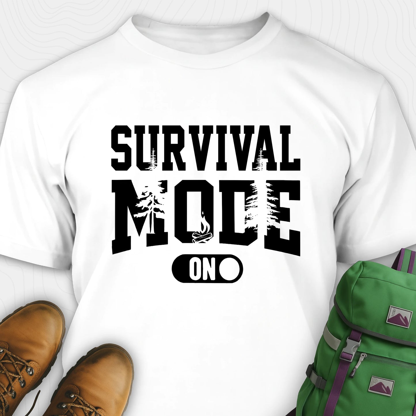 White survival mode shirt with camping-themed graphic and rugged text