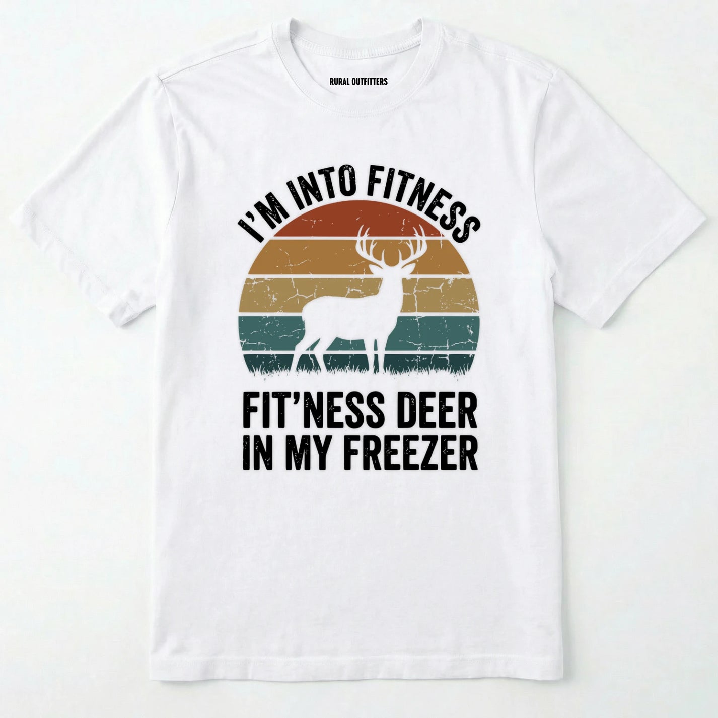 White t-shirt with a graphic of a deer and text on a white background