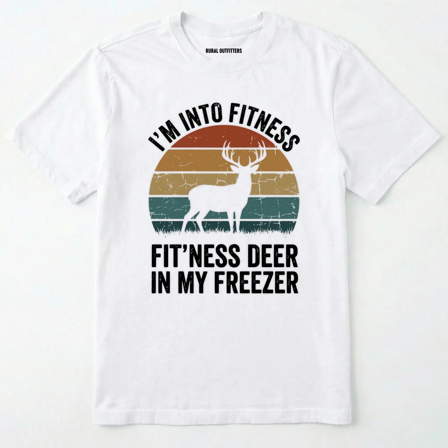 White t-shirt with a graphic of a deer and text on a white background