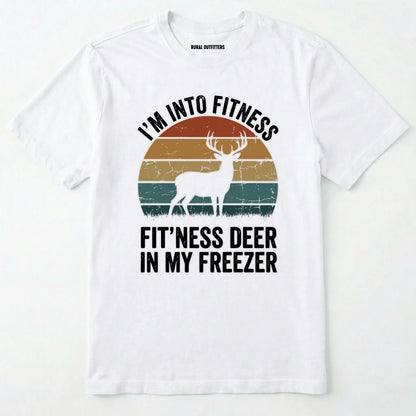 White t-shirt with a graphic of a deer and text on a white background