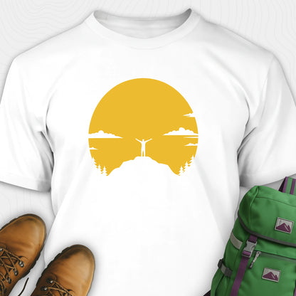 White climbing shirt with yellow sunset and mountain climber silhouette