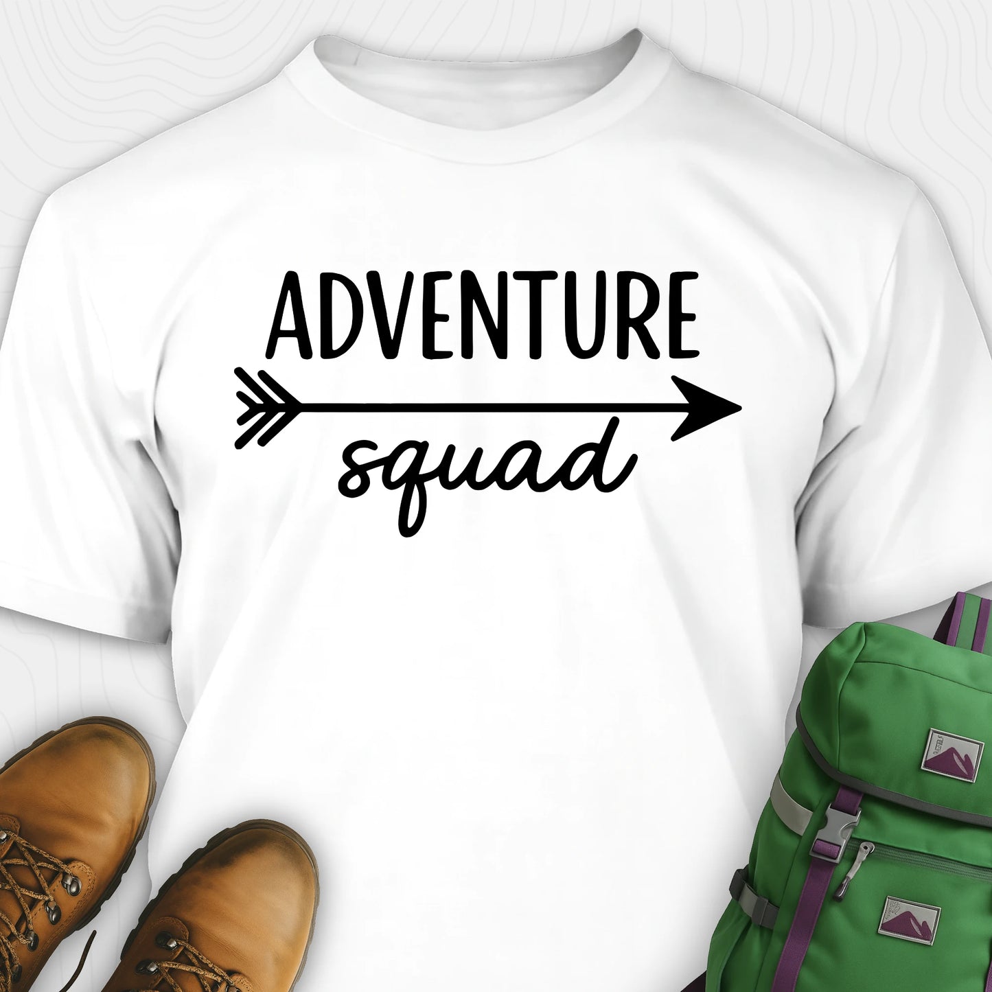 White adventure squad t-shirt with black arrow design