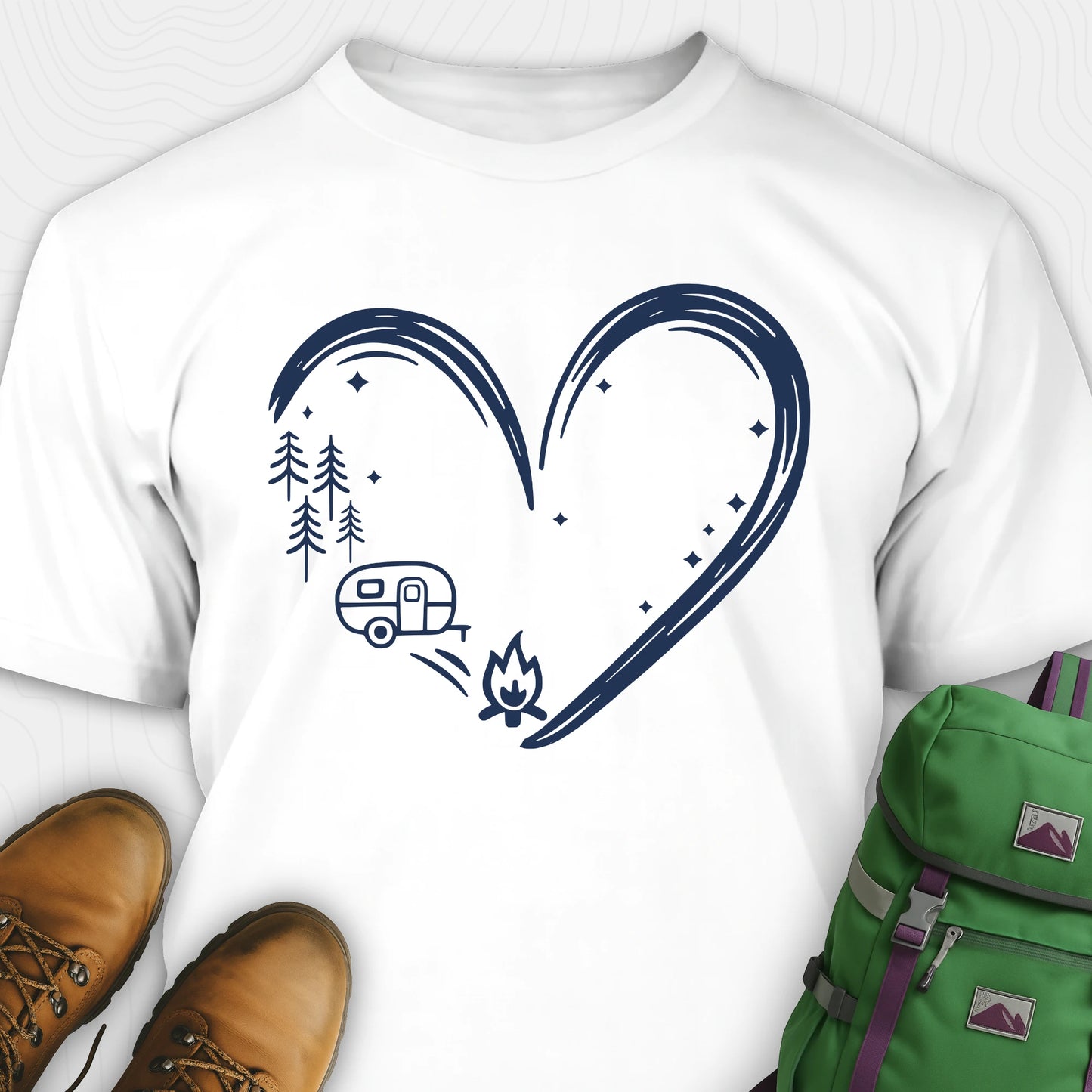 White I love camping shirt with heart-shaped mountain and camper design