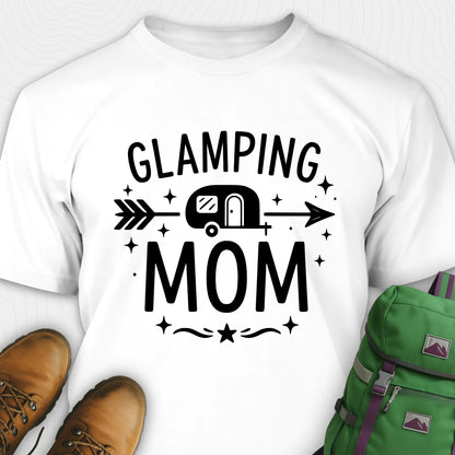 White glamping mom shirt with camper and arrow design