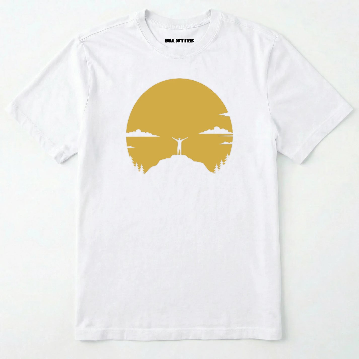 White climbing shirt with a yellow sunset and a mountain climber silhouette on a white background.