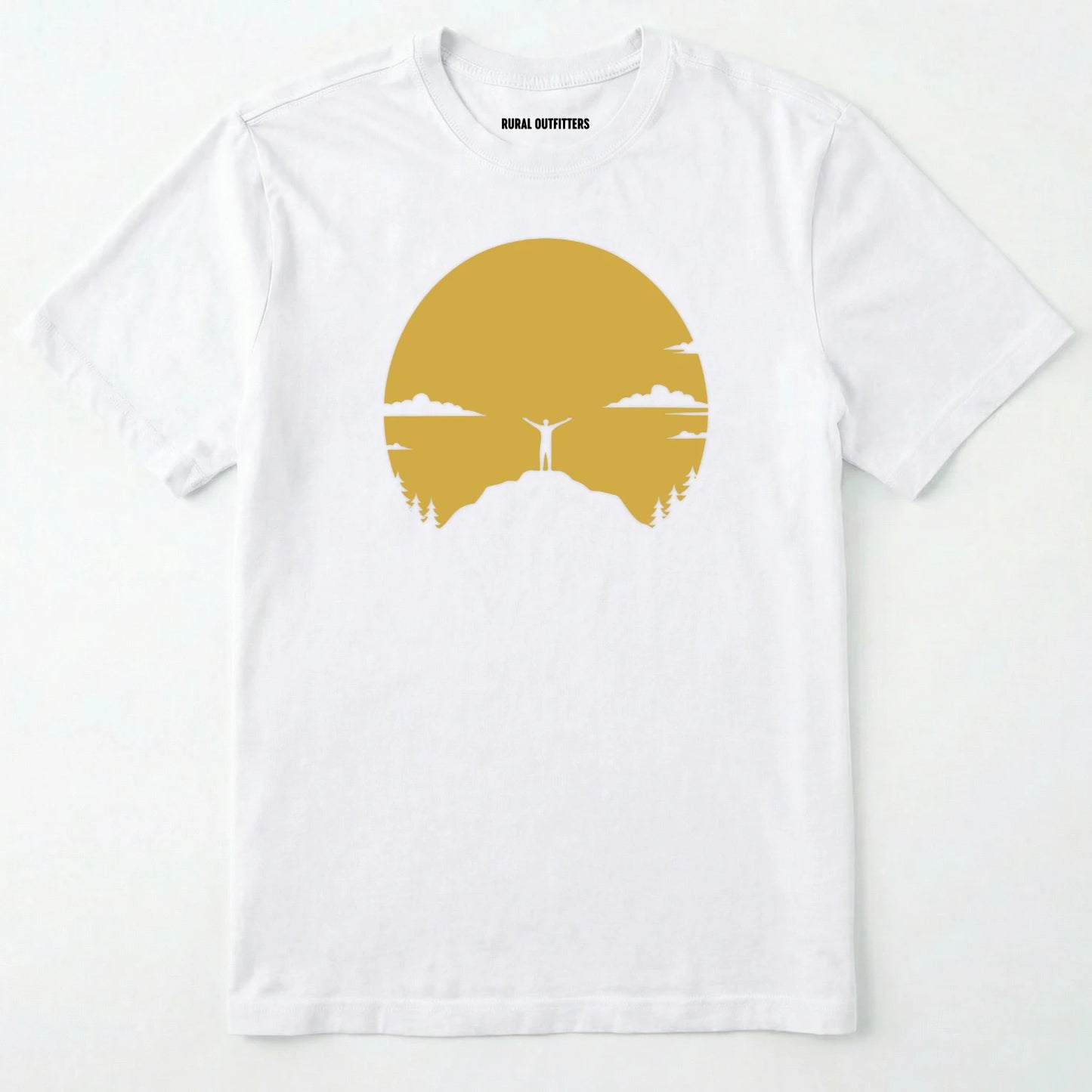 White climbing shirt with a yellow sunset and a mountain climber silhouette on a white background.