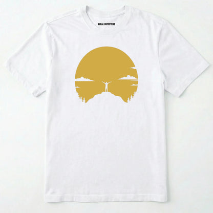 White climbing shirt with a yellow sunset and a mountain climber silhouette on a white background.