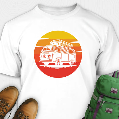 White camper shirt featuring vintage rv design with a warm sunset