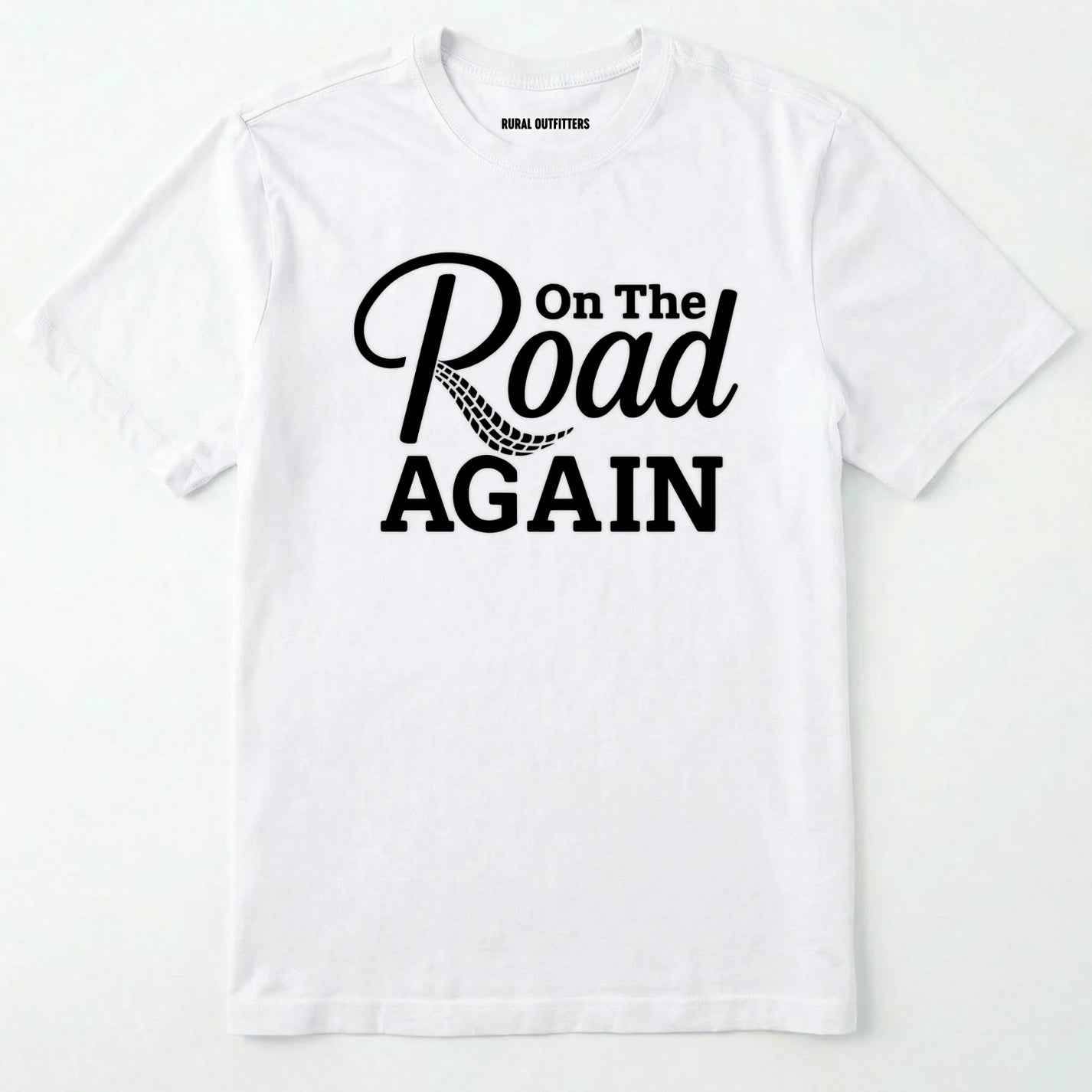 White road trip t-shirt with ⊜on the road again⊝ text on a white background.