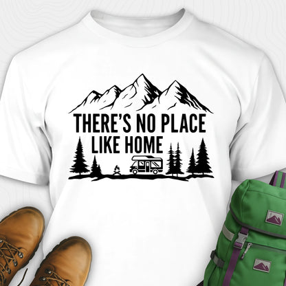 White theres no place like home shirt with camper and mountain graphic