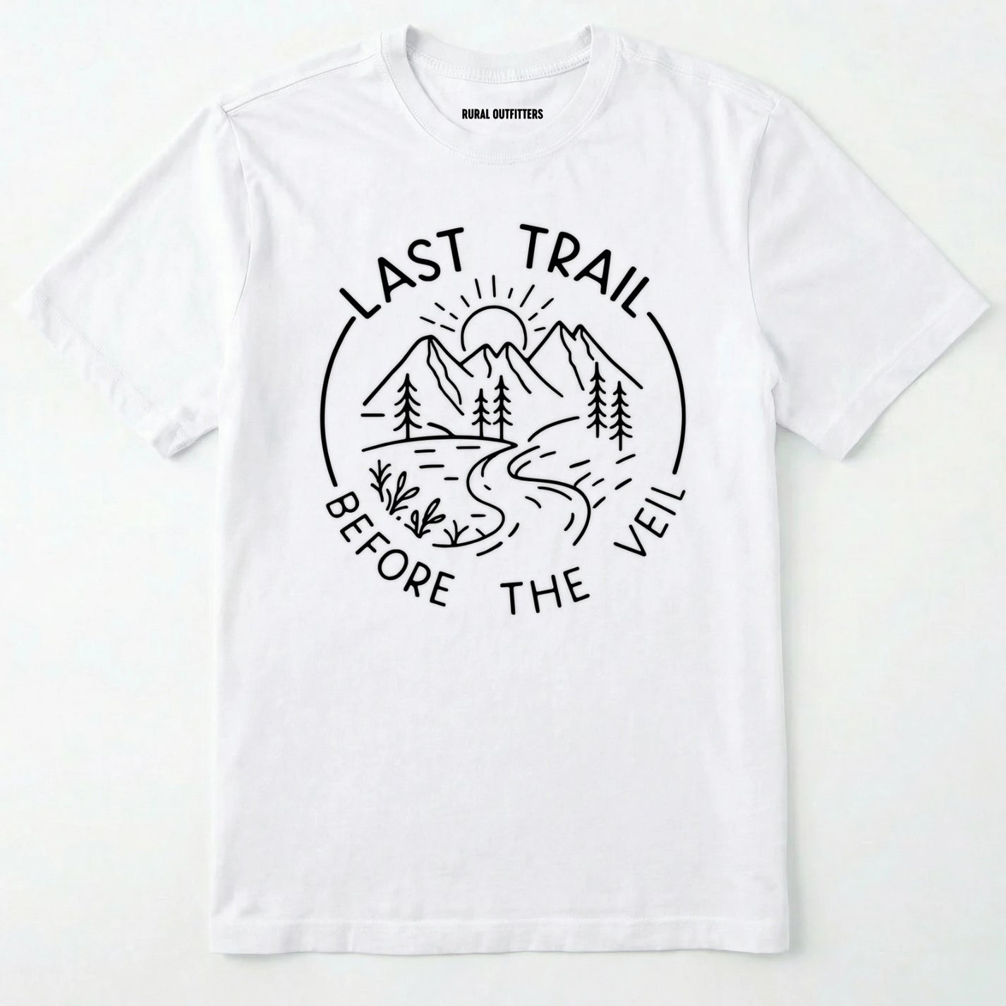 White nature-themed last trail before the veil shirt with line-art mountain scene on a white background.