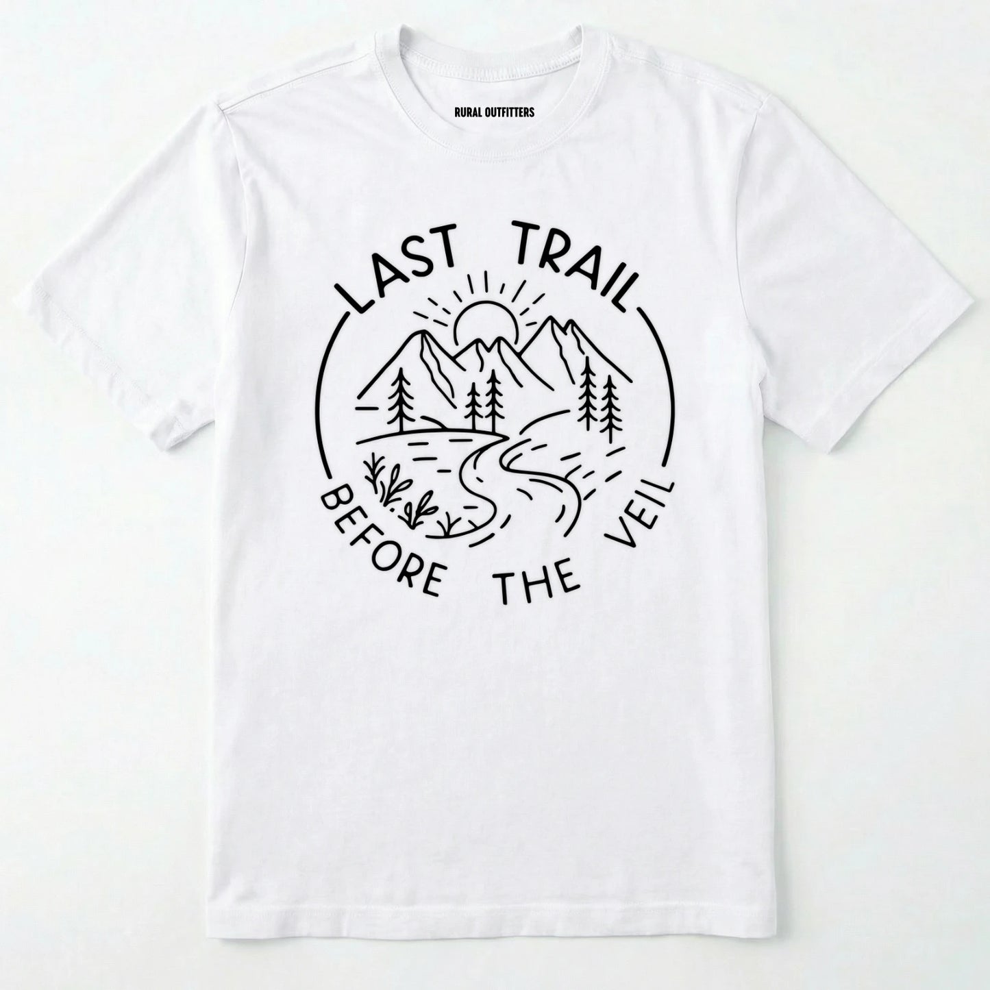 White nature-themed last trail before the veil shirt with line-art mountain scene on a white background.