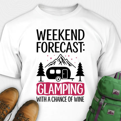 White glamping shirt with camping trailer and forest illustration