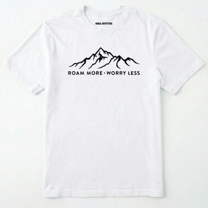 White rocky mountain shirt with a white mountain graphic and text 'roam more worry less' on a white background