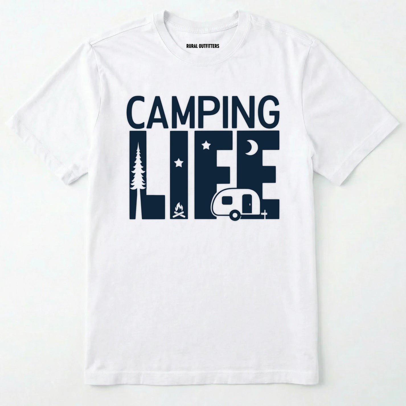 White camp life shirt featuring a camper and a pine tree design on a white background.