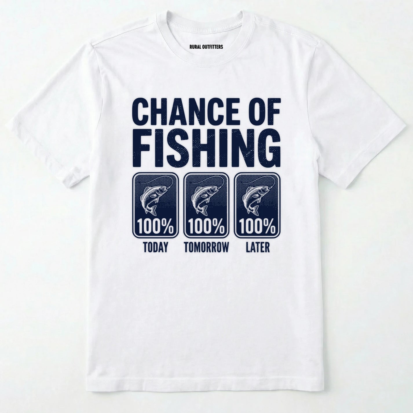 White t-shirt with 'chance of fishing' graphic and text on a white background