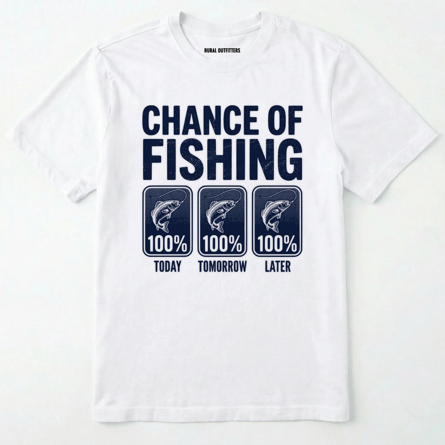 White t-shirt with 'chance of fishing' graphic and text on a white background