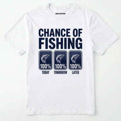 White t-shirt with 'chance of fishing' graphic and text on a white background
